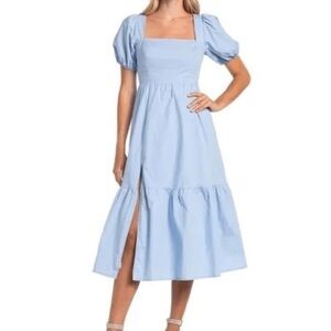 Astr The Label Poplin Tiered Midi Dress Blue Puff Sleeve